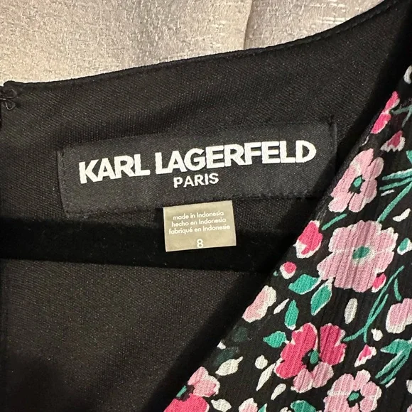 Karl Lagerfeld Paris Floral Short Sleeve Chiffon Faux Wrap Dress - Picture 8 of 8